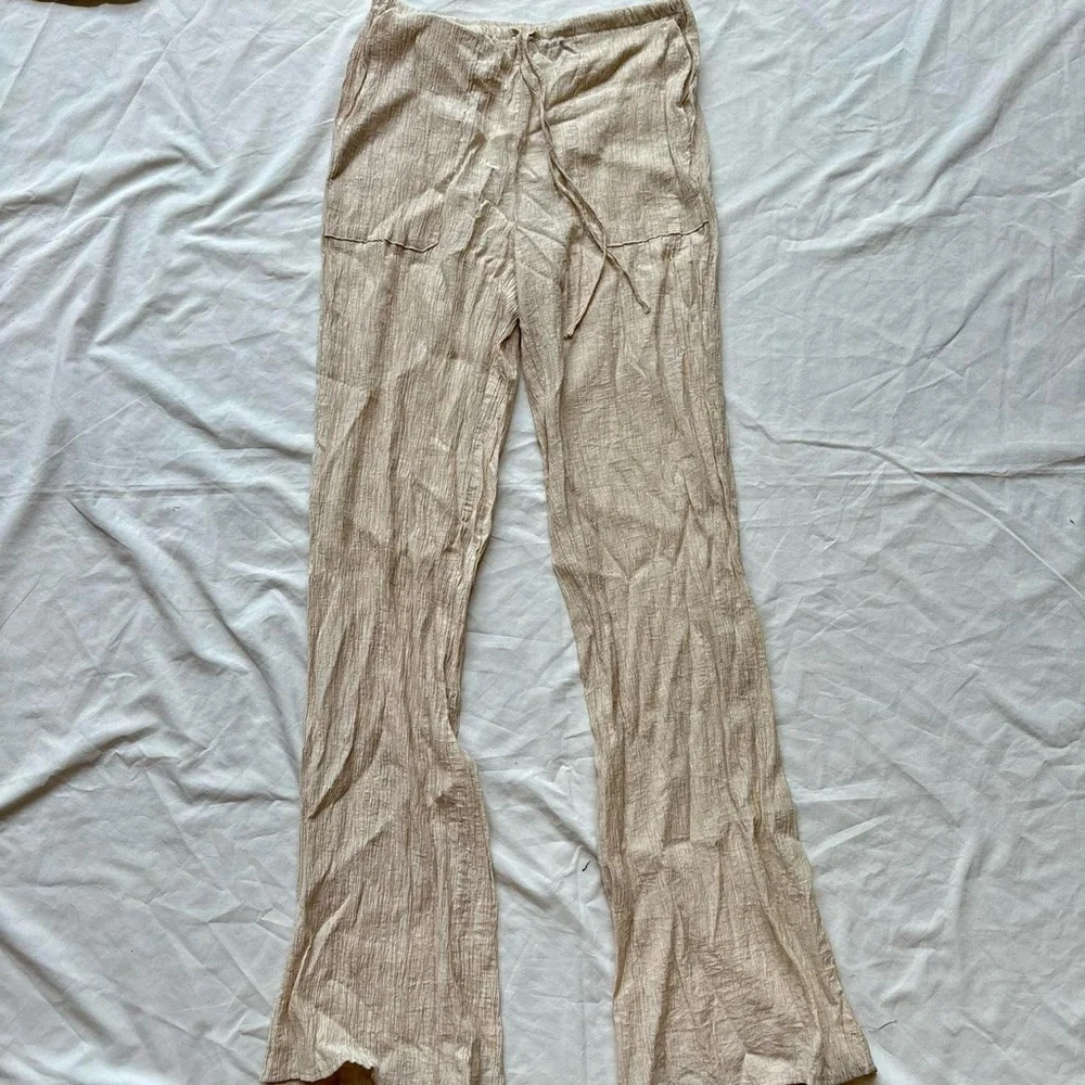 zara linen pants tan cream nude crinkle linen pants with pockets